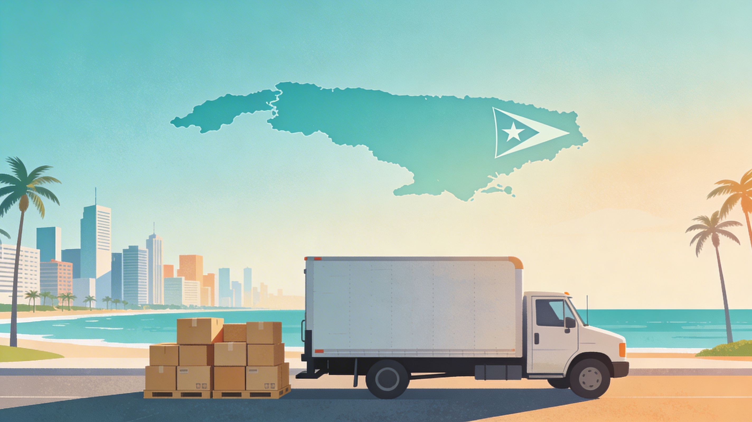 Moving truck and boxes with Puerto Rico coastline in the background